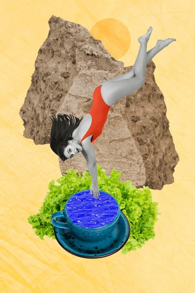 Vertical Creative Photo Collage Beautiful Slim Girl Jumping Cup Water — Stock Photo, Image