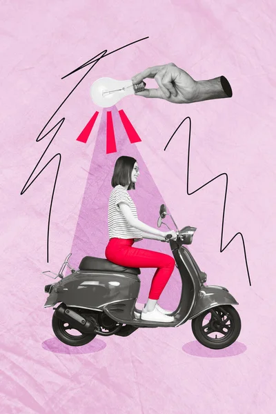 Vertical collage picture of black white effect arm fingers hold light bulb mini positive girl drive scooter isolated on paper pink background.