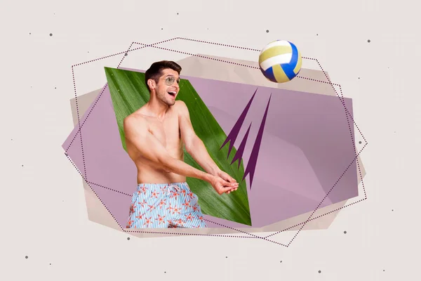 Collage Imagen Positivo Despreocupado Chico Manos Golpe Jugar Voleibol Aislado — Foto de Stock