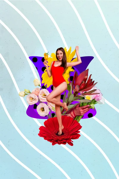 Criativa Modelo Gráfico Colagem Imagem Senhora Feliz Engraçado Celebrando Verão — Fotografia de Stock