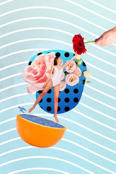 Yaratıcı Resim Grafikleri Kolaj Seksi Bayan Çiçek Narenciye Havuzunun Tadını — Stok fotoğraf