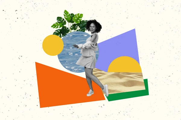 Collage Artwork Φωτογραφία Του Ευτυχισμένη Ξέγνοιαστη Κυρία Απολαμβάνοντας Περπάτημα Παραλία — Φωτογραφία Αρχείου