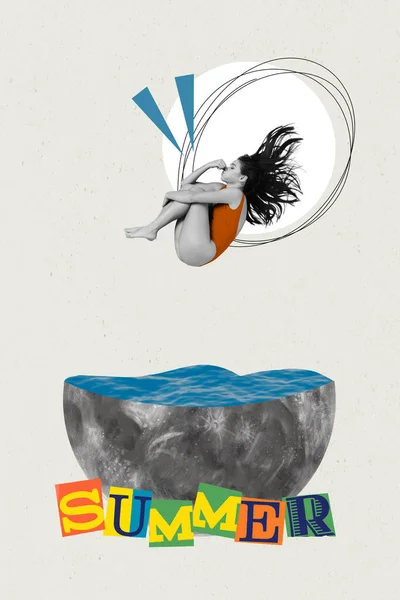 Творческий Ретро Коллаж Изображением Сексуальной Леди Прыгающей Воду Сером Цветовом — стоковое фото
