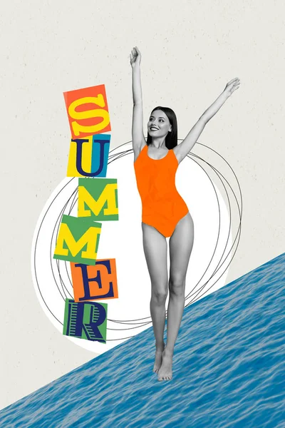 Collage Pinup Pop Skiss Glad Leende Dam Promenader Strand Njuter — Stockfoto