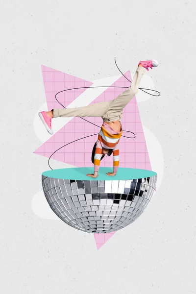 Foto Composta Convite Colagem Cartaz Criança Dançando Breakdance Suporte Mão — Fotografia de Stock