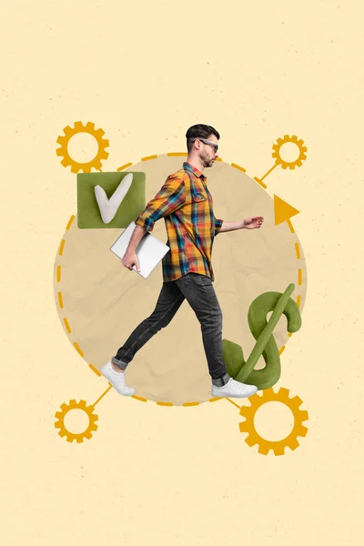 Creative Artwork Template Collage Purposeful Guy Walking Creating Working Mechanism — Stock Photo, Image