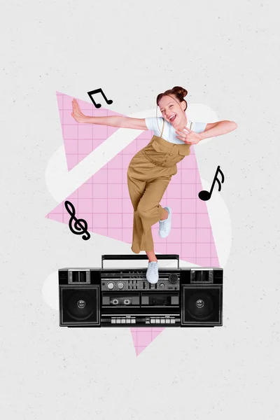 垂直派对邀请女生跳舞的拼贴玩乐漫不经心地享受复古音乐盒式磁带留声机的背景音乐 — 图库照片