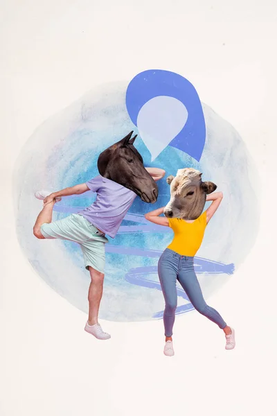 Creative picture artwork illustration metaphor collage of two people friends wild cow with horse network party isolated on blue background.