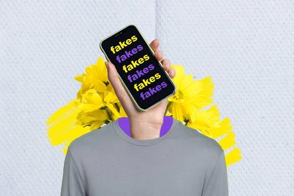 Kreativ Collage Porträtt Arm Hålla Smart Telefon Istället Kille Huvud — Stockfoto