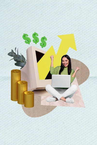 現金デバイスを受賞した幸運な女性の創造的な抽象的なテンプレートグラフィックスコラージュイメージ孤立したティール色の背景 — ストック写真