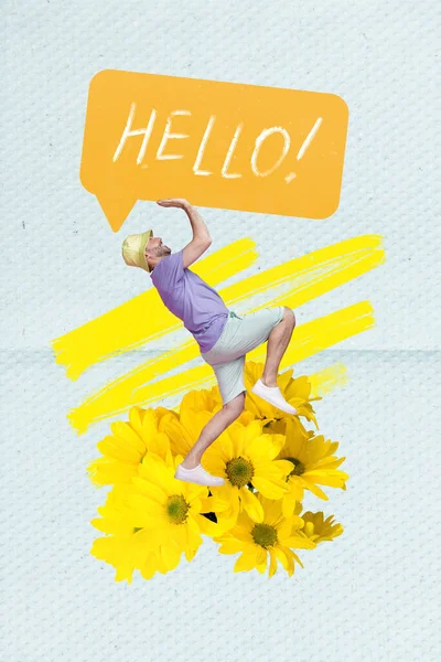 Vertical collage image of mini funny guy stand daisy flowers arms hold huge hello dialogue bubble isolated on paper background.