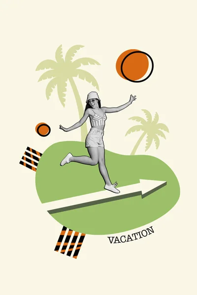 垂直的白色图片海报横幅三维拼贴快乐积极的女孩跑到海滨在绘画背景上有乐趣 — 图库照片