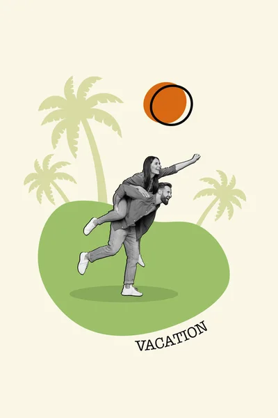 アートワークポップスケッチポスター正の人々のコラージュビーチを実行している喜びリゾート海外熱帯自然緑の木はリラックスした休息を楽しむ — ストック写真