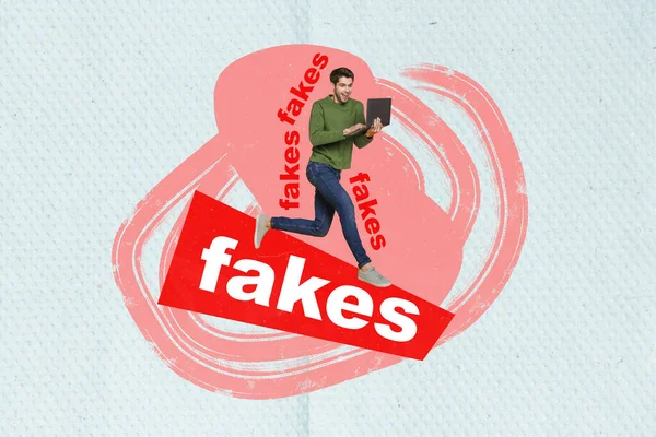 Collage Photo Funny Young Man Run Laptop Hypnotized Fakes Press — Stock Photo, Image