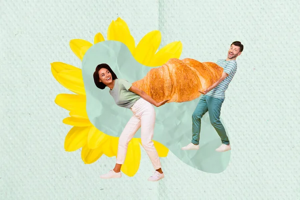 Promo Collage Reclame Twee Koken Mensen Dragen Enorme Franse Zoete — Stockfoto
