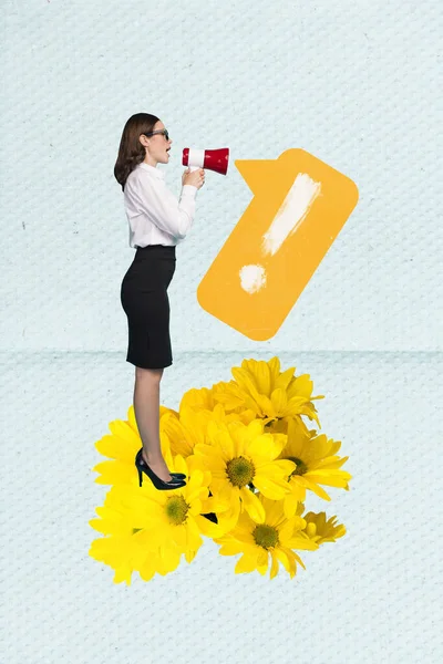 Vertical 3d collage of young activist promoter woman formalwear scream bullhorn attention mark isolated on blue background yellow flowers.