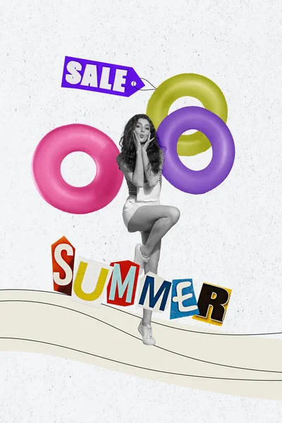 Creative Revista Retro Colagem Excitada Senhora Funky Apreciando Coisas Verão — Fotografia de Stock