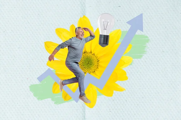 正のミニ祖父ラッシュの創造的なコラージュ画像前方の電球が大きくデイジーの花の上に矢印成長 — ストック写真