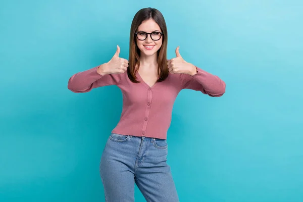 Photo Young Girl Showing Cool Sign Thumbs Recommend New Customers — Stock Photo, Image