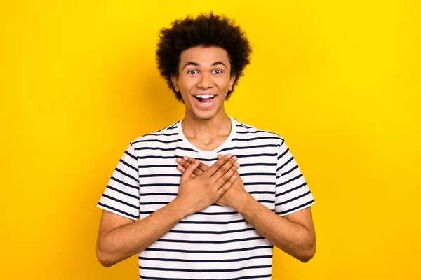 Photo Youngster Overjoyed Grateful Guy Hands Touch Chest Astonished Reaction — Stock Photo, Image