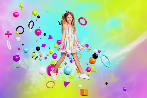 Pop Poster Banner Collage Von Kind Mädchen Fuß Auf Virtuellen — Stockfoto