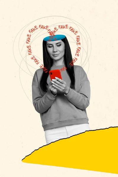 黒白色のガンマ少女の垂直コラージュ画像は スマートフォンのハート型偽情報頭を使用して描かれた背景に孤立 — ストック写真