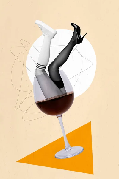 Collage Pinup Pop Retro Schets Afbeelding Van Dame Benen Wijn — Stockfoto