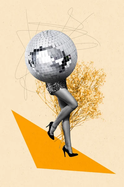 縦の写真のコラージュグラフィックイメージスリムな足のダンスイベント体の代わりに大きな光沢のある発見花色の背景 — ストック写真