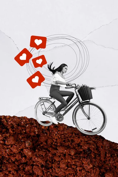 Vertikale Kreative Collage Bild Von Lustigen Jungen Frauen Radfahren Herz — Stockfoto