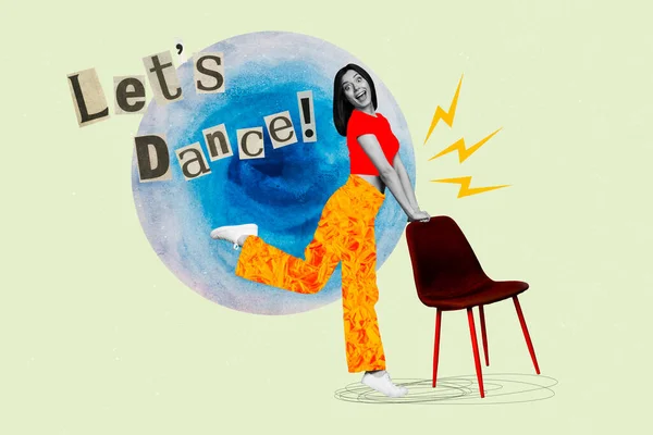 Foto Colagem Slim Senhora Dançando Com Móveis Cadeira Convidar Multidão — Fotografia de Stock