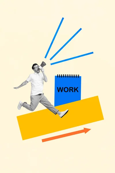 Business Magazine Template Collage Van Man Werknemer Gil Megafoon Adverteren — Stockfoto