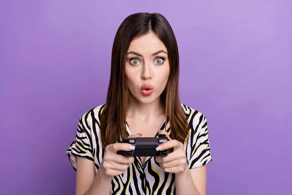 Photo Young Crazy Girl Wear Zebra Print Shirt Hold Gamepad — Zdjęcie stockowe