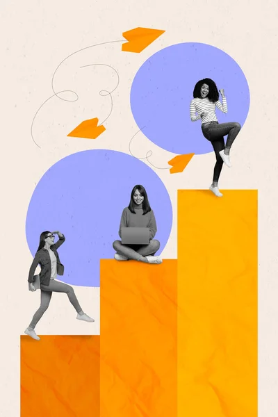 Konstverk Tidskrift Collage Bild Kvinnliga Kollegor Som Arbetar Framgång Konkurrens — Stockfoto