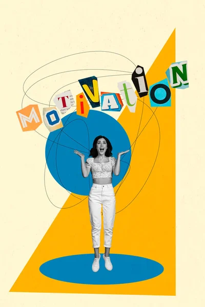Kolaj Poster Pop Retro Eskizinin Komik Heyecanlı Genç Bir Bayanın — Stok fotoğraf