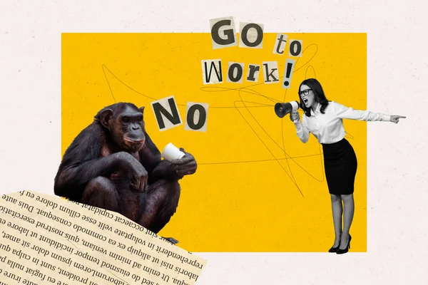 Katı Kadın Müdürün Yaratıcı Poster Kolajı Megafon Tembel Primat Hayvanat — Stok fotoğraf