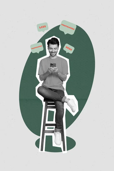 Magazine Template Collage Millennial Guy Using Smart Gadget Reading Fake — Zdjęcie stockowe
