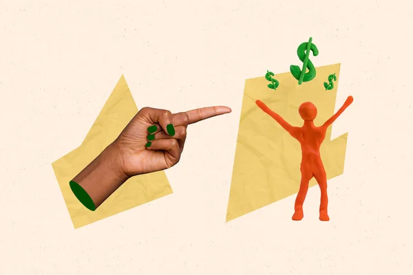 Колаж Пофарбованого Ділового Персонажа Пальця Вказуючи Його Успіх Грошові Долари — стокове фото