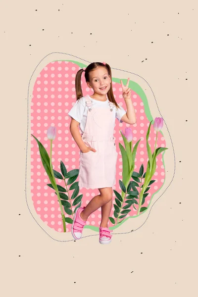 Magazine template collage of cute little girl make v sign posing in garden flowers have charming summertime weekends.