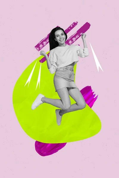Magazine Billboard Funky Collage Happy Excited Young Woman Jumping Bright — Stock Photo, Image