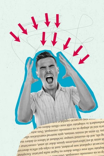 Dikey Yaratıcı Kolaj Görüntüsü Bağıran Erkek Kaldırıyor Haber Saldırısı Manipülasyonu — Stok fotoğraf
