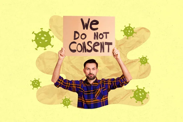 Collage Jeune Homme Tenant Une Affiche Carton Contre Coronavirus Limitation — Photo