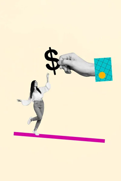 Foto Verticale Template Collage Van Ontvangende Meisje Houden Dollar Symbool — Stockfoto