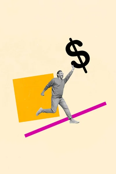 Плакат Банер Колаж Фінансист Хлопець Працює Спіймавши Знак Долара Концепція — стокове фото