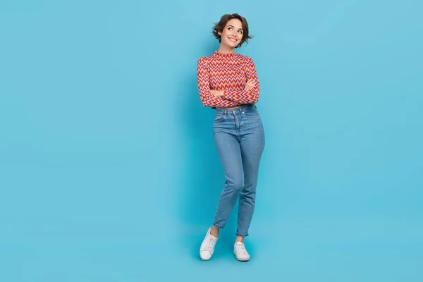 Full Length Photo Pretty Confident Lady Arms Crossed Look Empty — Stock Photo, Image