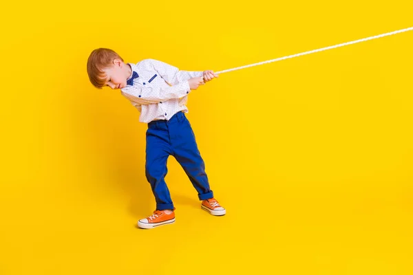 Full Length Photo Little Schoolkid Pull Rope Heavy Contest School — Stock Photo, Image
