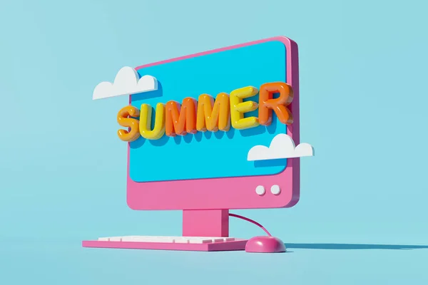 Collage Render Picture Modern Monitor Display Summer Text Keyboard Mouse — Stock Photo, Image