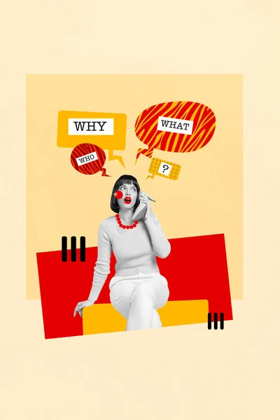 Collage Promo Fiatal Lány Hold Magassarkú Hívás Meglepett Megkérdőjelezett Váratlan — Stock Fotó