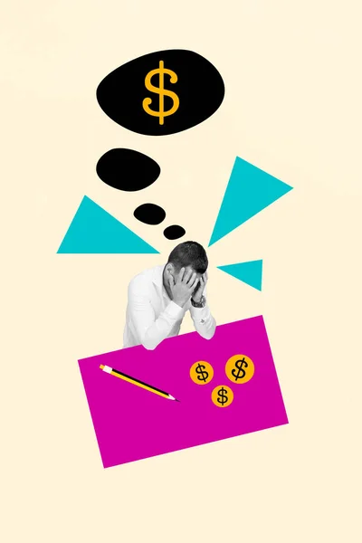 Illustratie Collage Beeld Van Zakenman Handen Hoofdpijn Migraine Overdenken Geld — Stockfoto