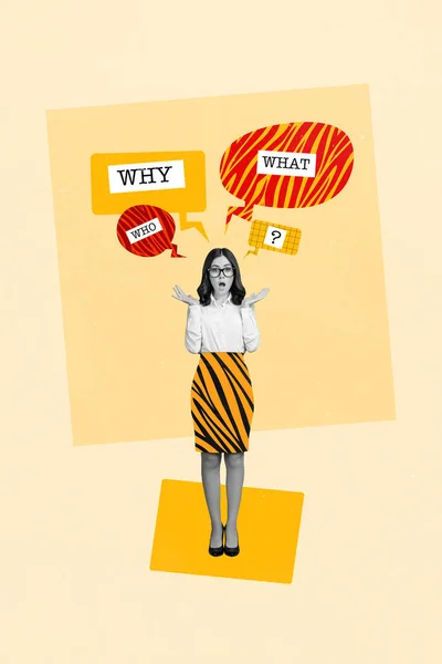 Collage Giovane Donna Affari Indossare Formale Uniforme Spalle Scrollate Confuso — Foto Stock