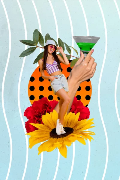 Creativo Retro Revista Collage Imagen Sonriente Encantadora Dama Disfrutando Verano —  Fotos de Stock